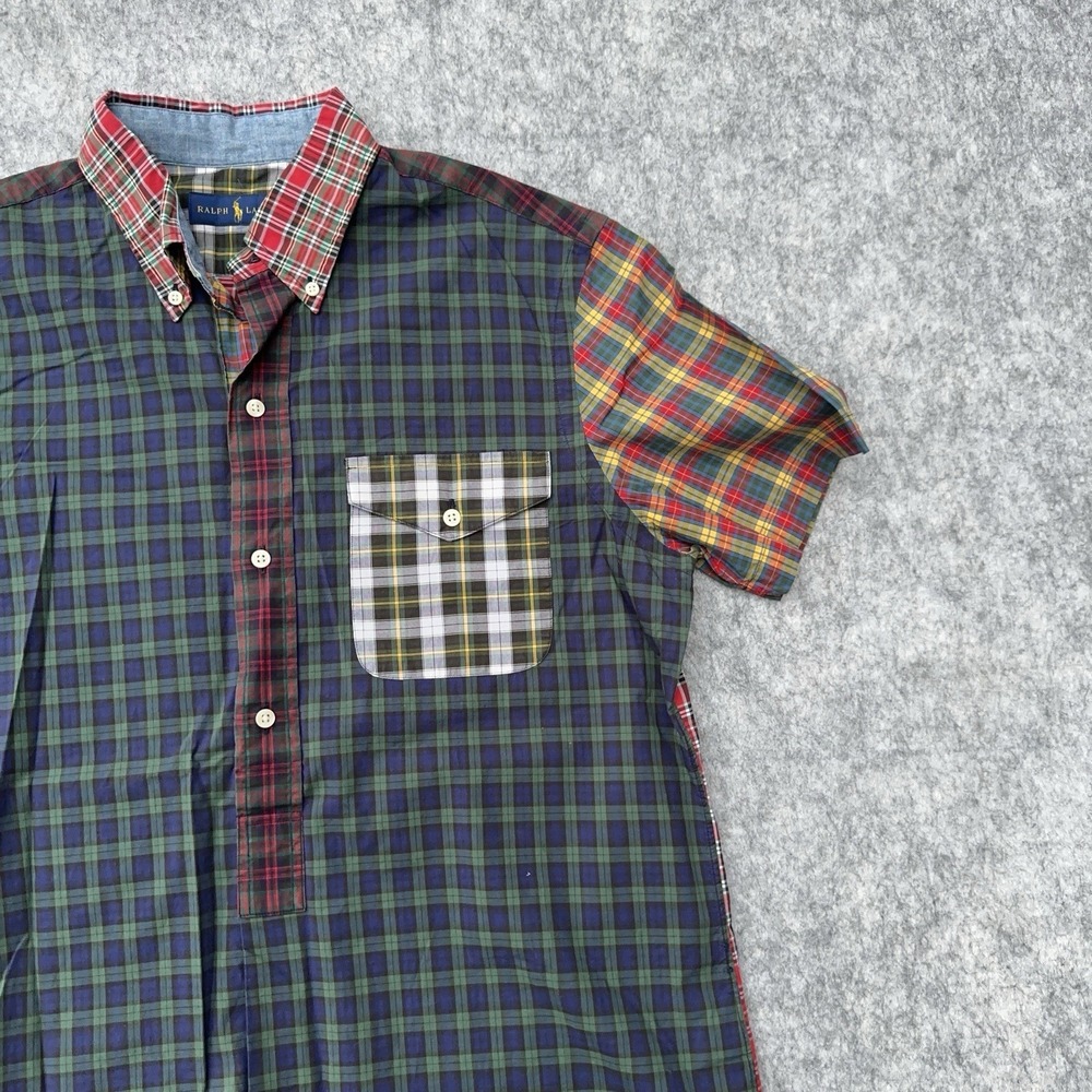 Polo Ralph Lauren Patchwork Plaid Shirt Mens Medium Henley Button Up Green - Picture 4 of 15